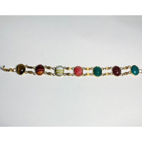 Vtg Krementz 14Kt Gold Overlay Scarab Bracelet Semi-Precious Stones various gems - Picture 4 of 8